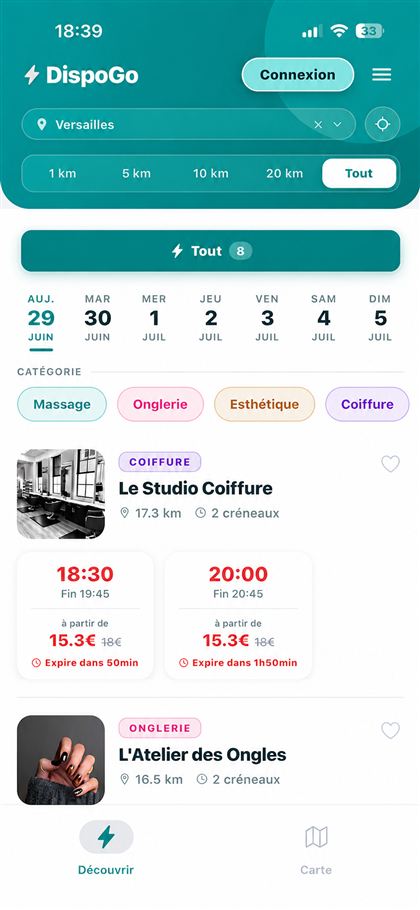 Écran Découvrir de DispoGo